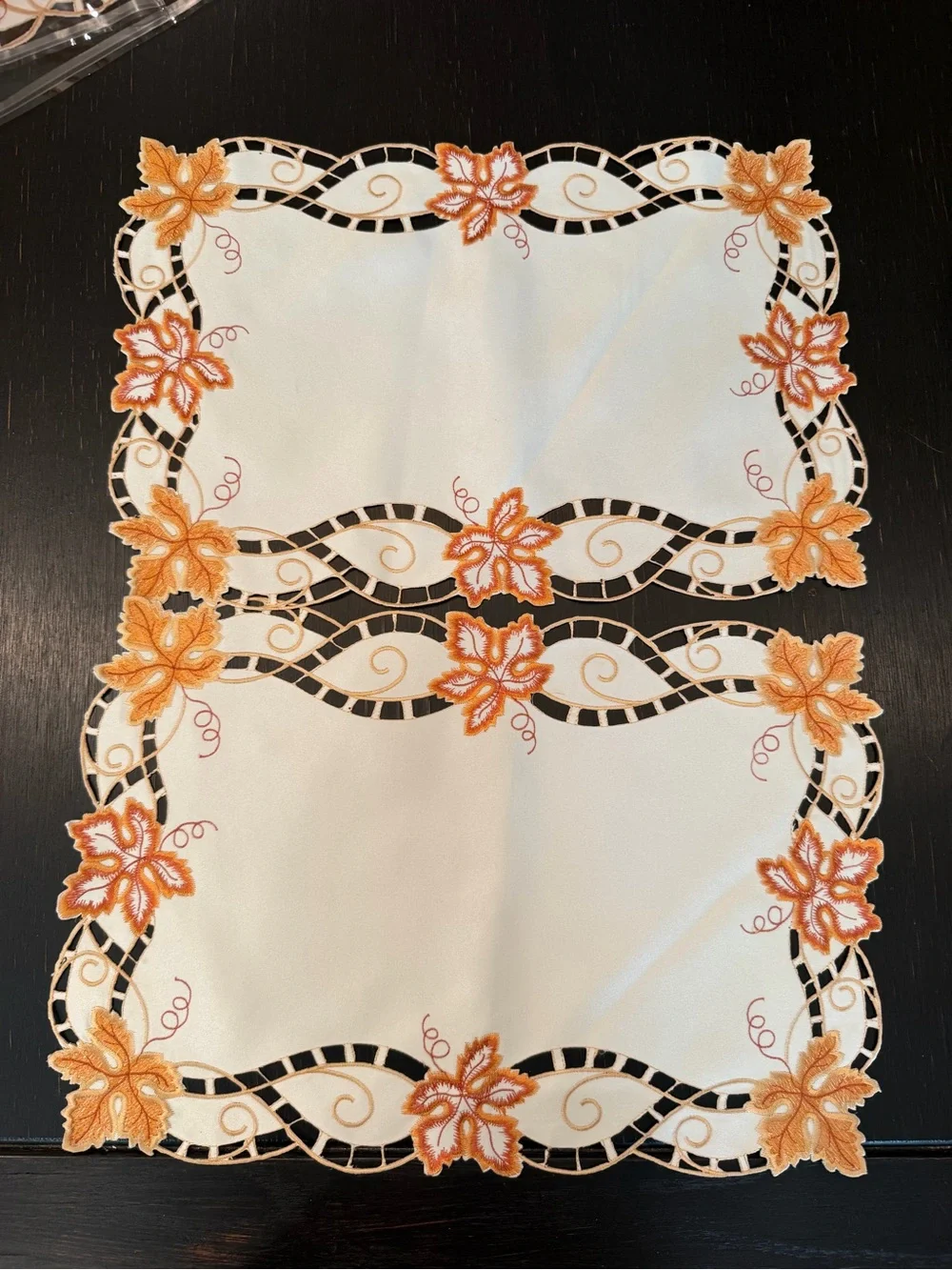 Autumn Leaf Embroidered Placemat Set/2 Cream with Orange Accents NOS